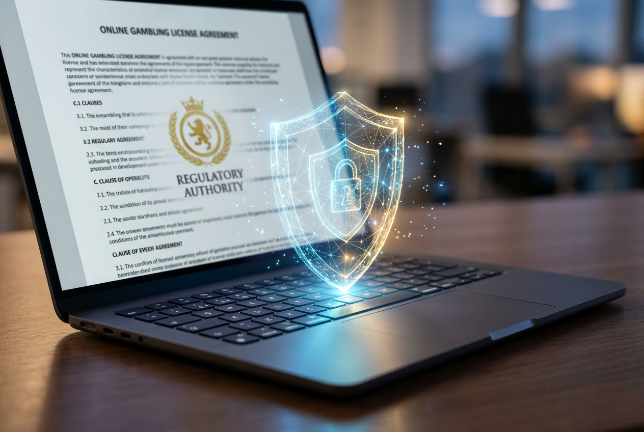 A digital security shield and a gavel representing gambling laws.