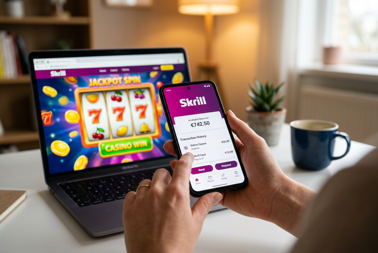 Ένας παίκτης χρησιμοποιεί το Skrill σε κινητό τηλέφωνο για κατάθεση σε online καζίνο.