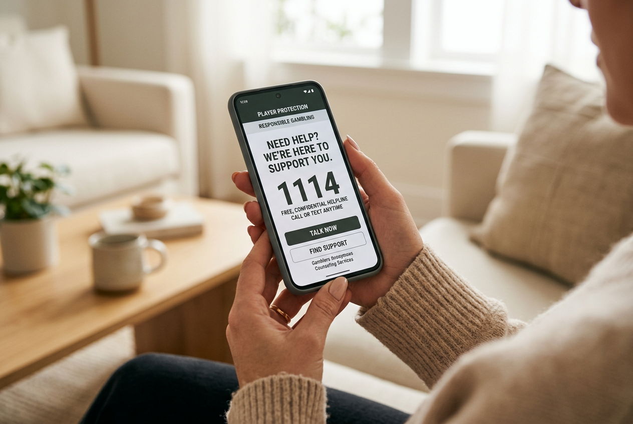 A smartphone showing a gambling helpline number for player support