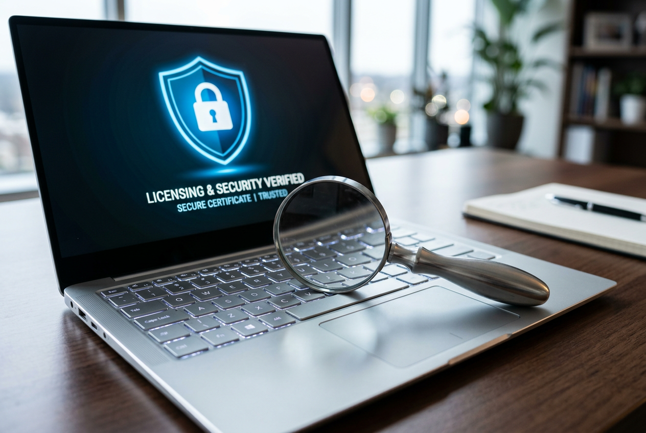 A magnifying glass hovering over a digital security shield, symbolizing the evaluation of online casino safety.