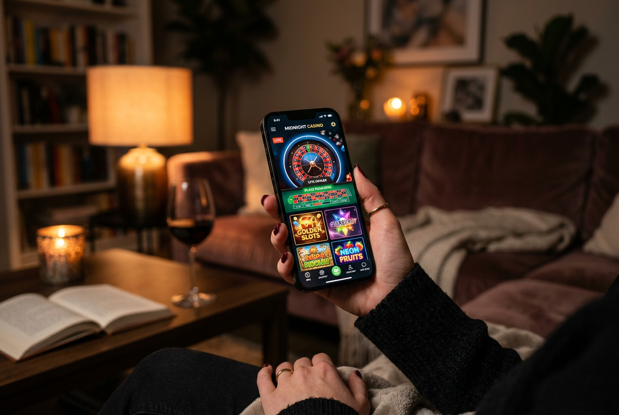 A modern smartphone displaying a colorful online casino interface with slot games and live dealer options.